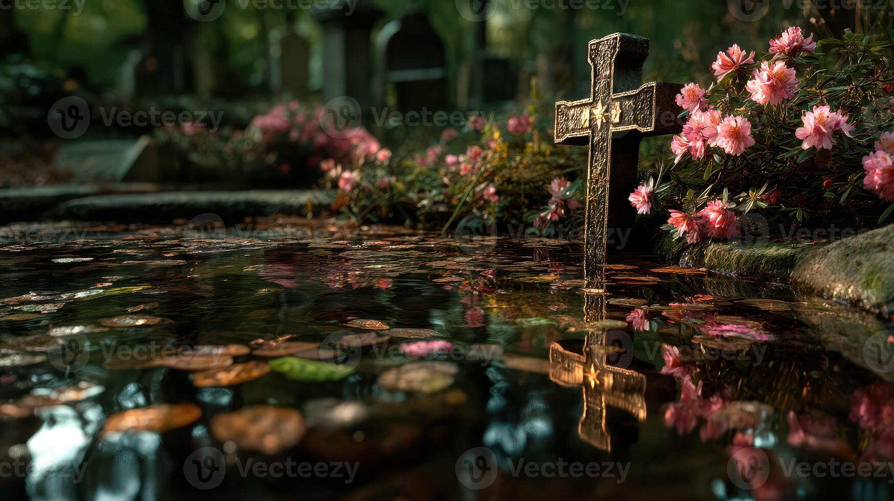 Reflections of tranquility at a serene graveyard with blossoms and a cross surrounded by still water photo