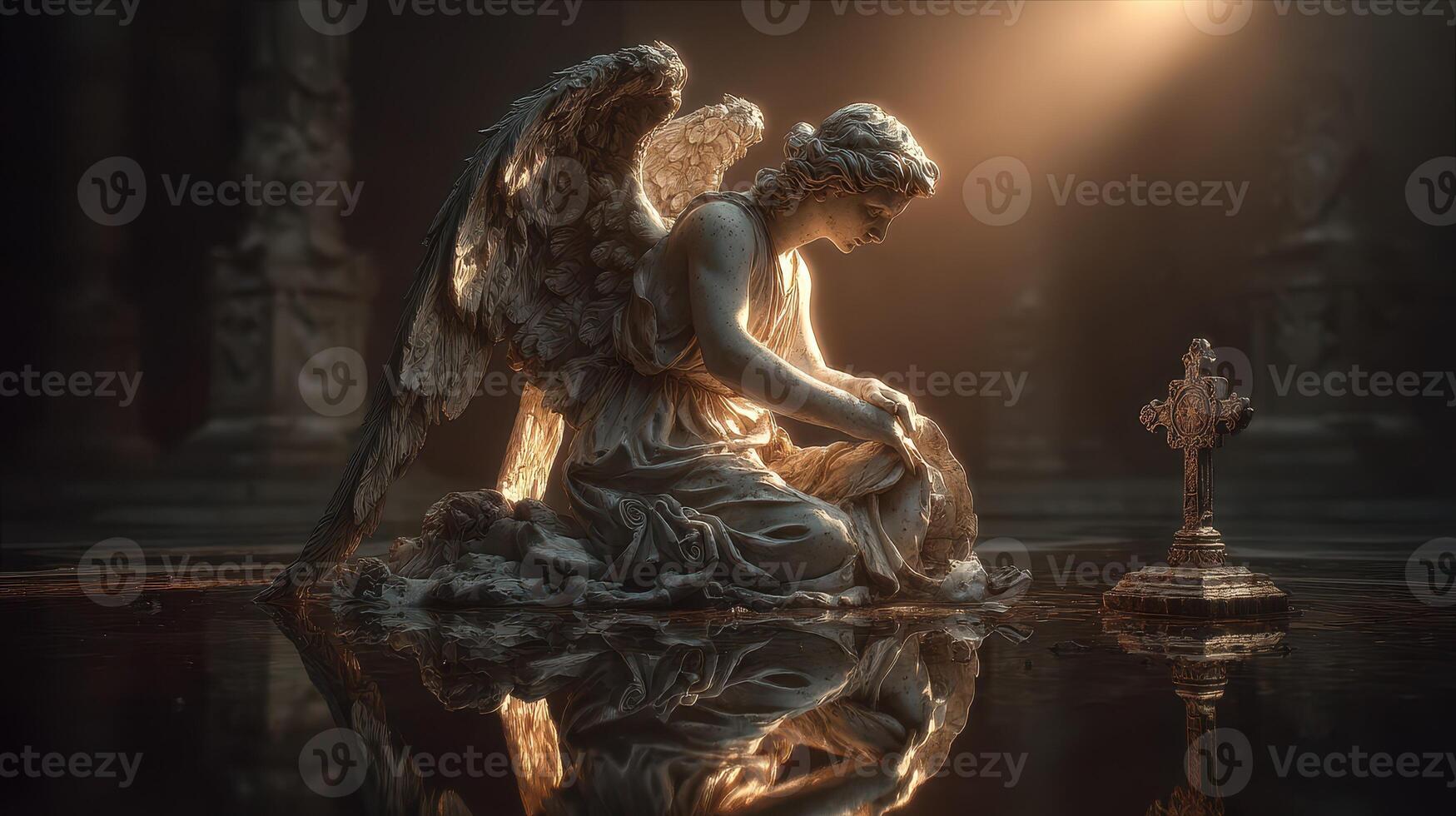 Serene angel rests on reflective surface near cross in dimly lit sacred space photo