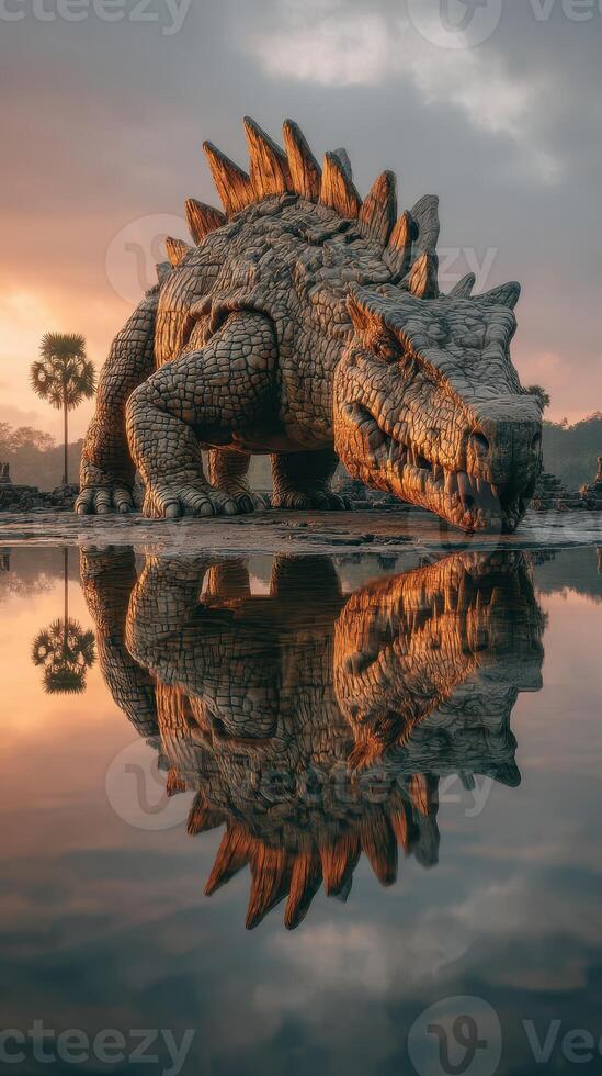 Massive dragon sculpture reflected in calm water during sunrise in a scenic outdoor park photo
