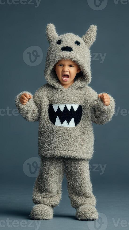 Young child wearing a fluffy monster costume poses fiercely in a studio setting photo