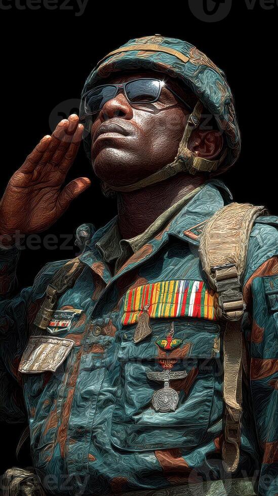 Soldier in military uniform saluting with pride during a ceremonial event in a solemn atmosphere photo