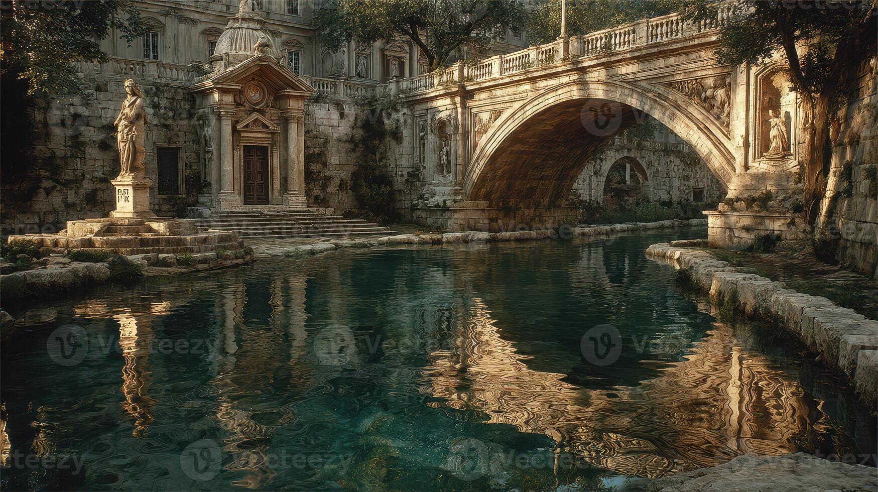 Serene reflection of a historic bridge by a tranquil waterway surrounded by ancient architecture photo