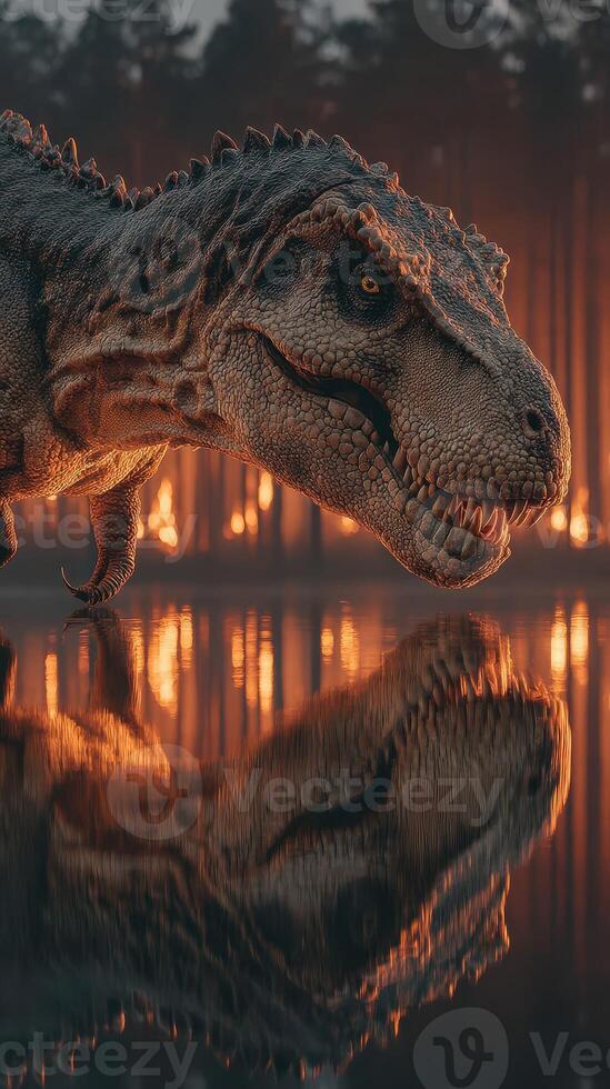 Dinosaur near a lake reflecting a fiery forest backdrop at dusk photo