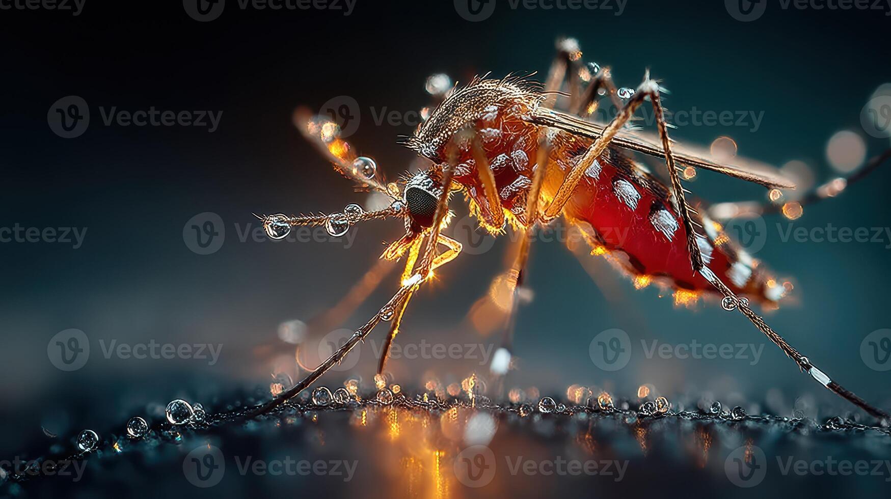 Close view of a mosquito with water droplets sparkling on its body, captured in a detailed macro shot during the early morning light photo