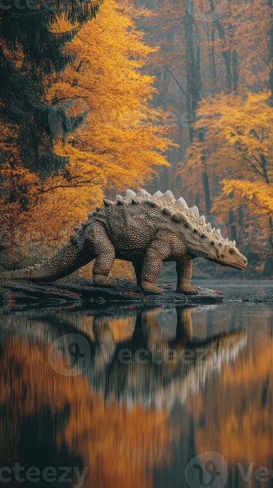 Dinosaur walking near calm water surrounded by vibrant autumn trees in a serene landscape photo