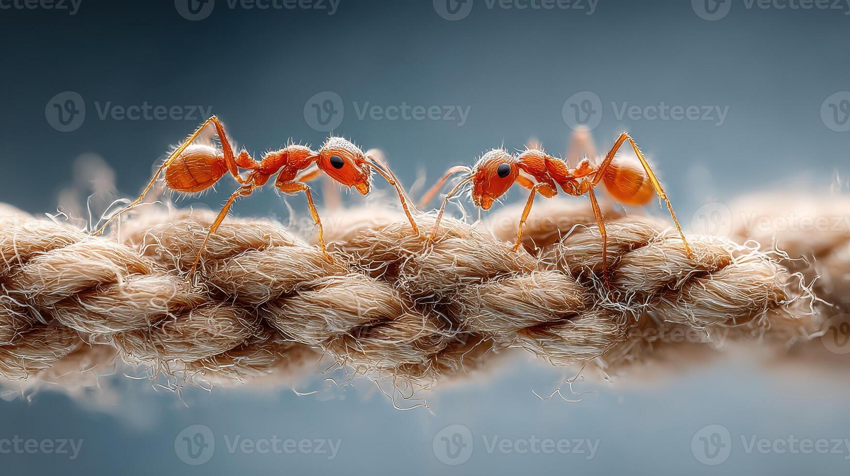 Close encounter between two ants on a natural rope with a blurred background highlighting their interaction photo