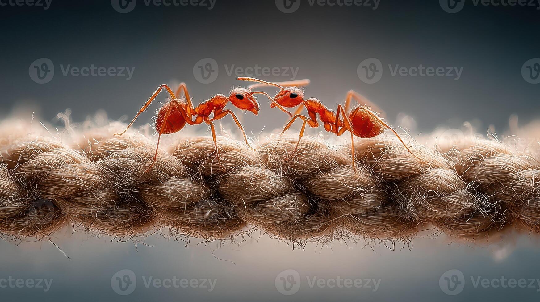 Two red ants interact on a rope during daylight, showcasing their social behavior and communication photo