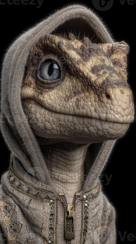 Lizard-like character wearing a hoodie in a dramatic close-up with detailed features and textures photo