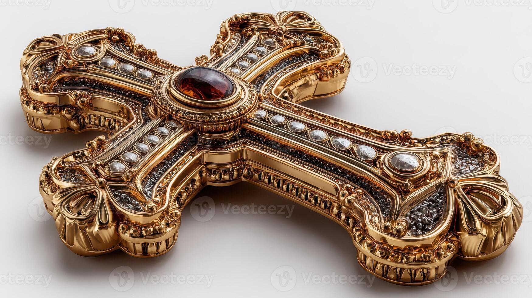 Intricately designed golden cross adorned with jewels displayed against a plain background photo