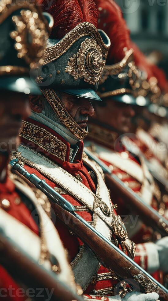 Ceremonial soldiers in traditional uniforms standing in formation during a historical event in a city square photo