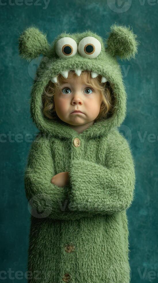 Child wearing a cozy green monster costume with a hood smiles playfully while posing against a teal backdrop photo