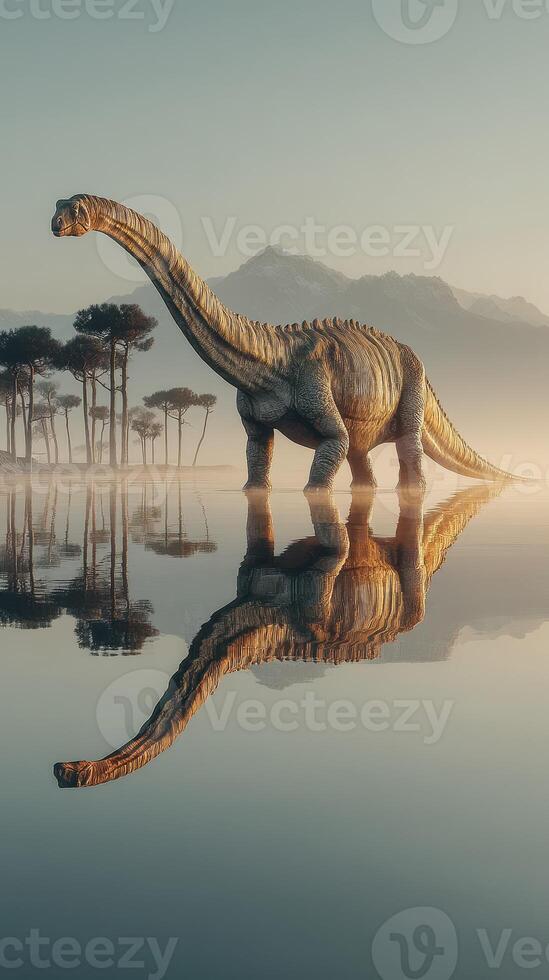 Majestic dinosaur stands tall by serene water at dawn with mountainous backdrop and scattered trees photo