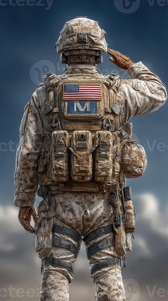 Soldier saluting with military gear in a dramatic landscape at dusk showcasing patriotism and duty photo