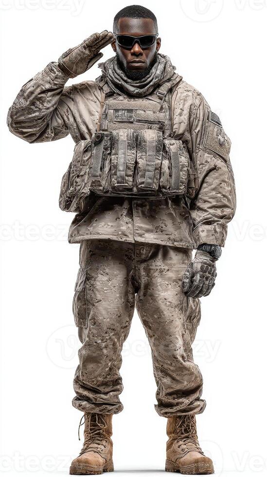 Soldier in tactical gear saluting, showcasing military pride and professionalism in a neutral background photo