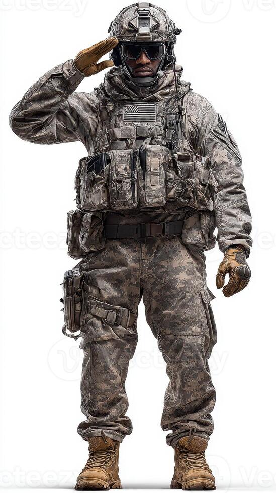 Soldier saluting in military uniform during training exercise at camp in daylight photo