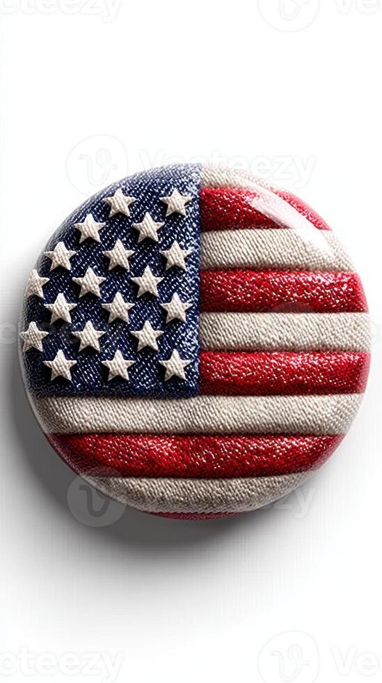 Circular badge featuring the American flag design with textured surface and vibrant colors photo