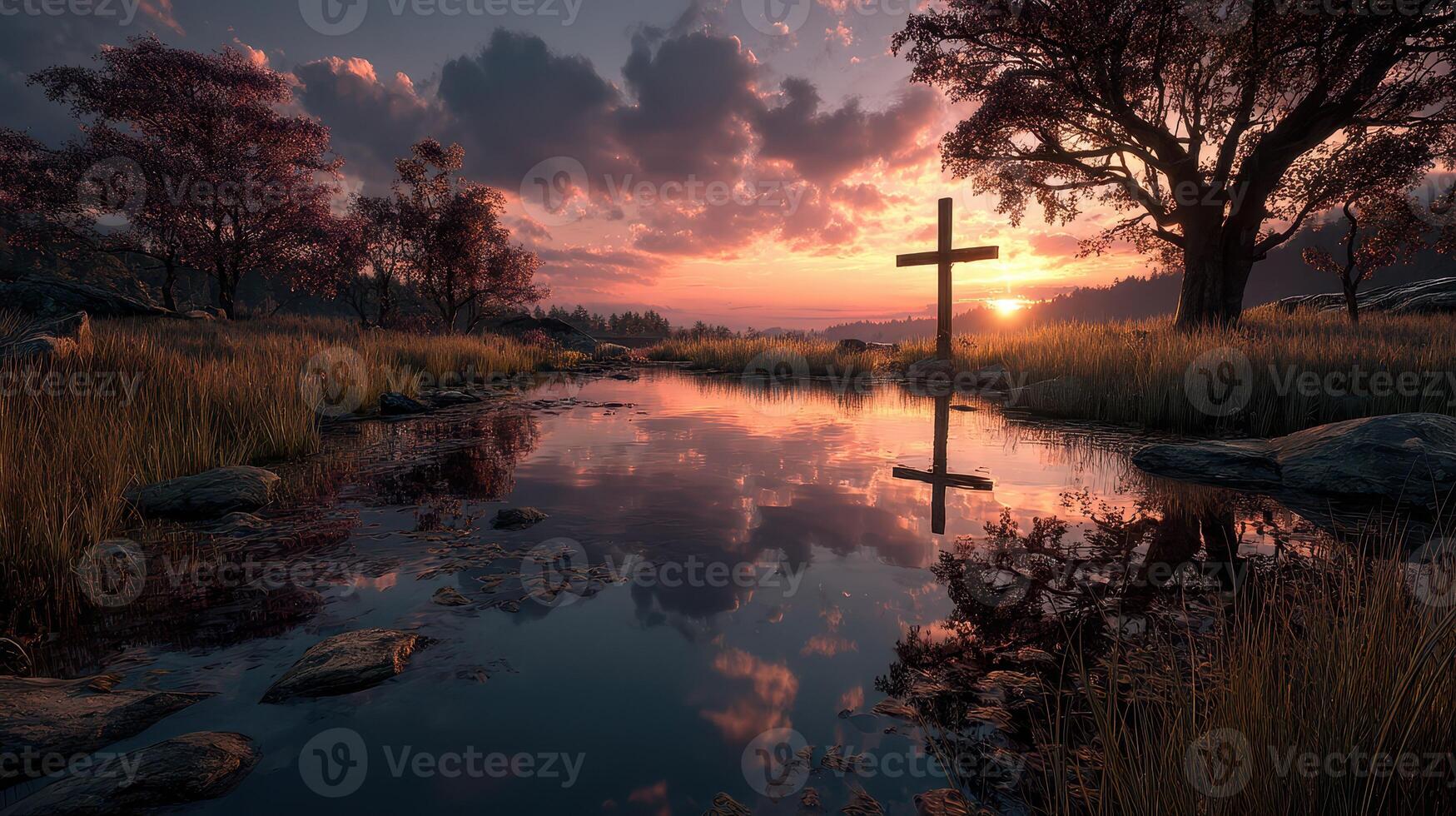 Stunning sunset landscape with reflection in water, featuring a cross and serene nature setting photo