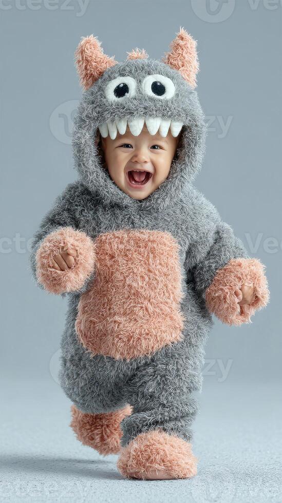 Happy baby wearing a playful monster costume runs joyfully on a light gray floor in a cheerful indoor setting photo