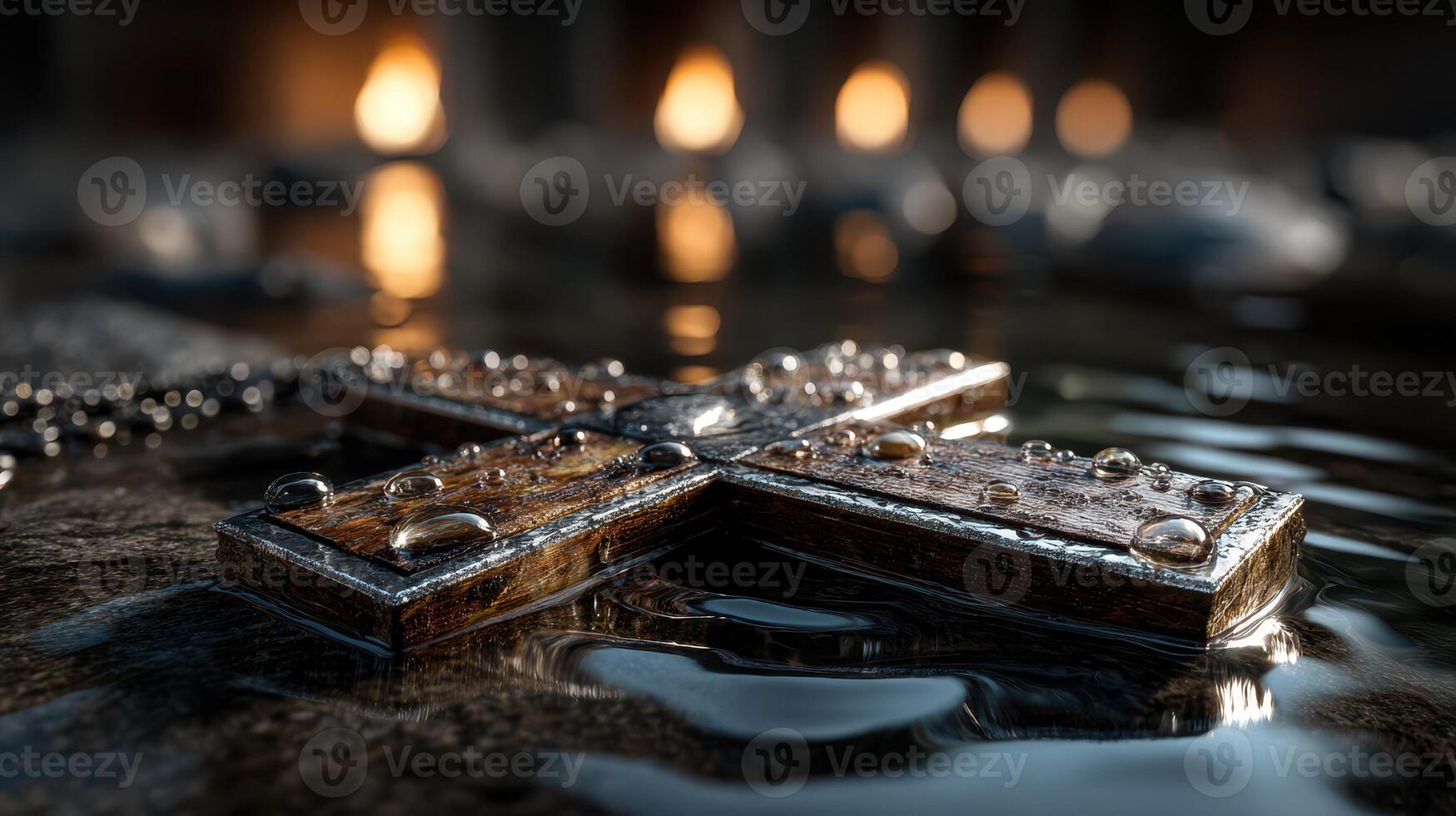 Close-up of a wooden cross resting in water with droplets, illuminated by soft candlelight during a reflective evening moment photo