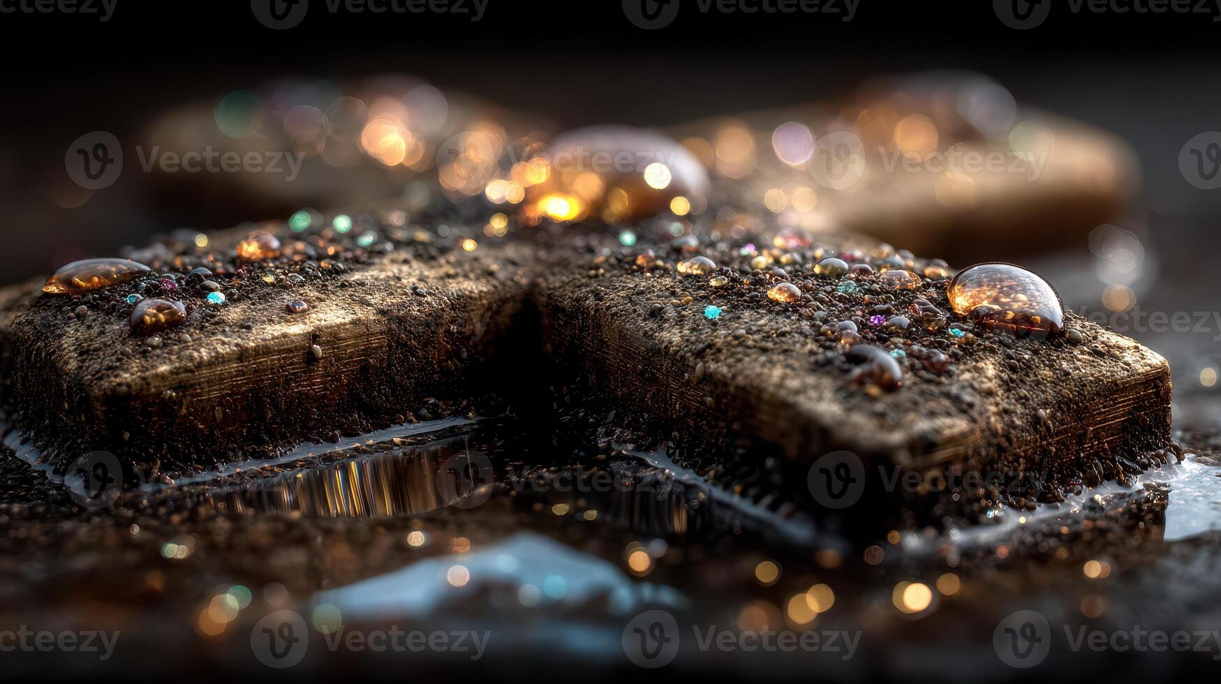 Close-up of textured surface with droplets and shimmering details in a dark setting photo