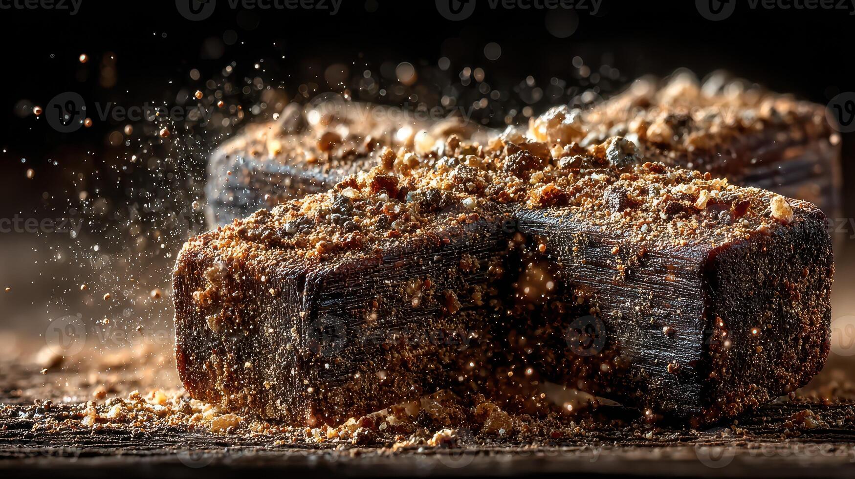Dust and particles flying as wood is chopped on a wooden surface with dramatic lighting effects capturing the moment photo