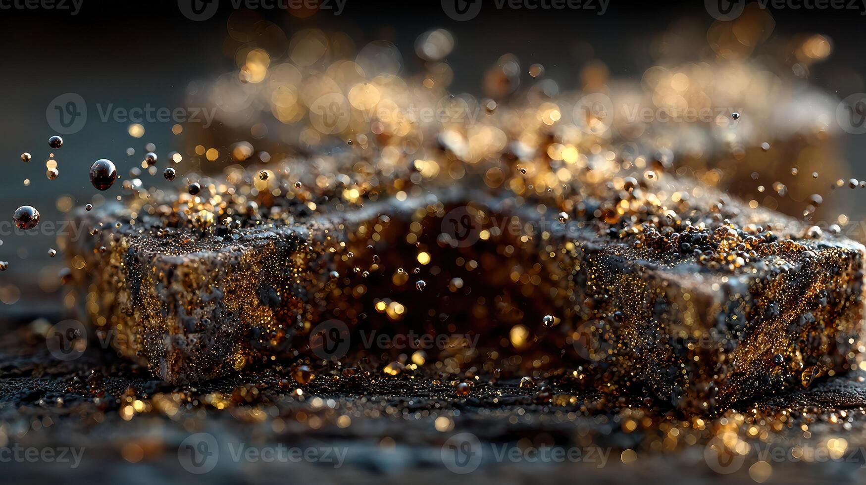 Golden liquid splashes create mesmerizing droplets around textured surface at dusk photo