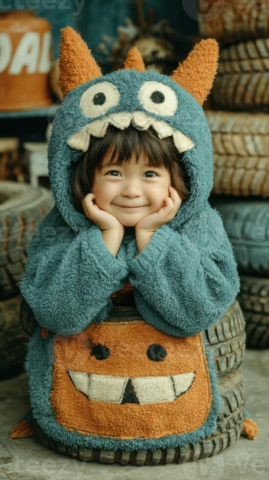 Cute child in a monster outfit posing happily among stacked tires in a playful setting during the day photo