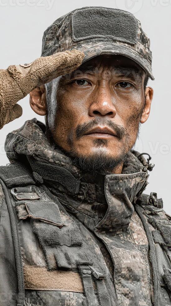 Soldier saluting with determination during training in a military environment photo