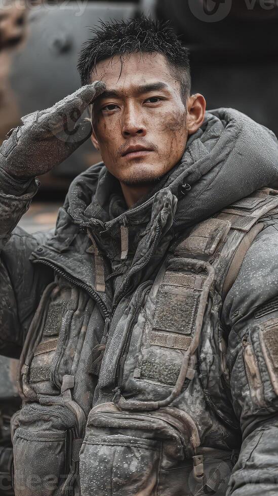 Soldier saluting with determination in a rugged military environment during a cold, overcast day photo