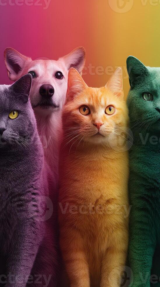 Colorful group of pets posing together in a vibrant background at a local animal shelter during a sunny afternoon photo