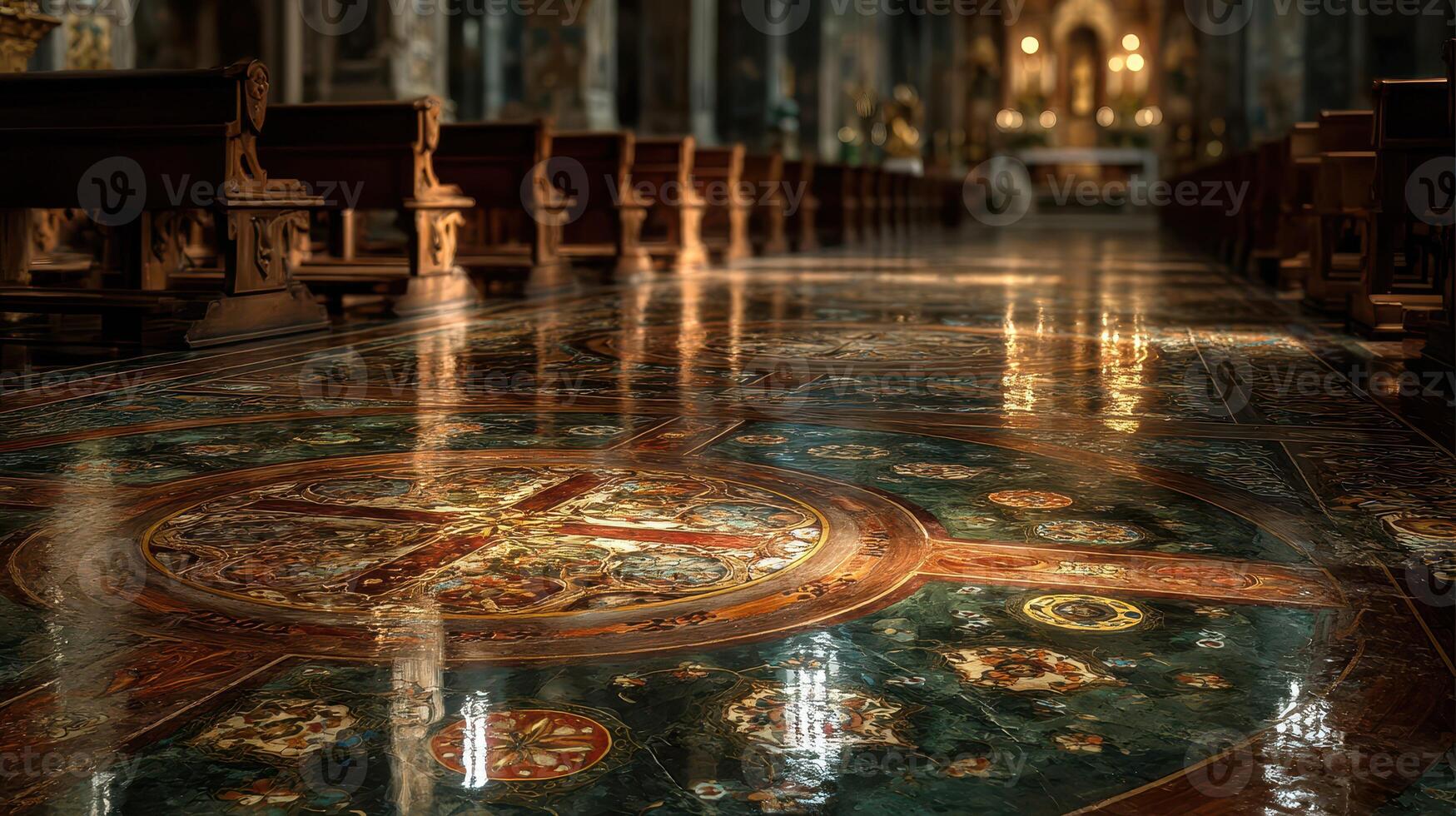 Beautifully designed church interior with intricate floor patterns and soft lighting in a serene atmosphere photo