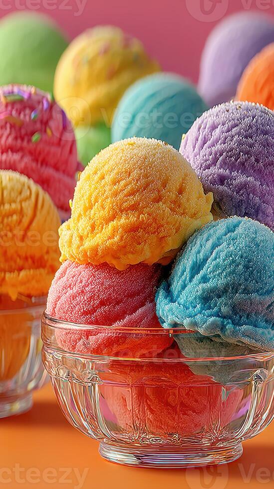 Colorful scoops of ice cream in a glass bowl showcasing a variety of vibrant flavors and textures photo