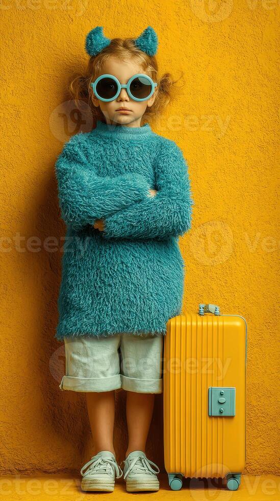 Child in blue sweater and sunglasses poses with yellow suitcase against textured orange wall in a playful travel-themed setup photo