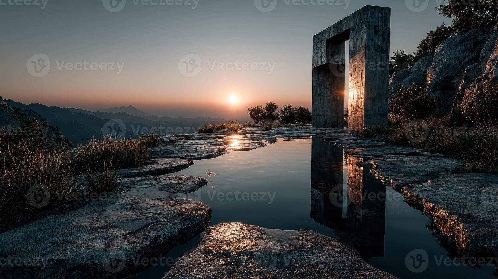 Sunset reflection at mountain monument with calm water and rocky terrain creates a serene atmosphere photo