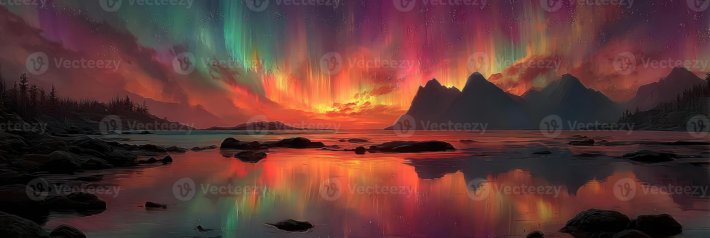 Breathtaking northern lights illuminate the mountains and lake at twilight in a serene natural setting photo