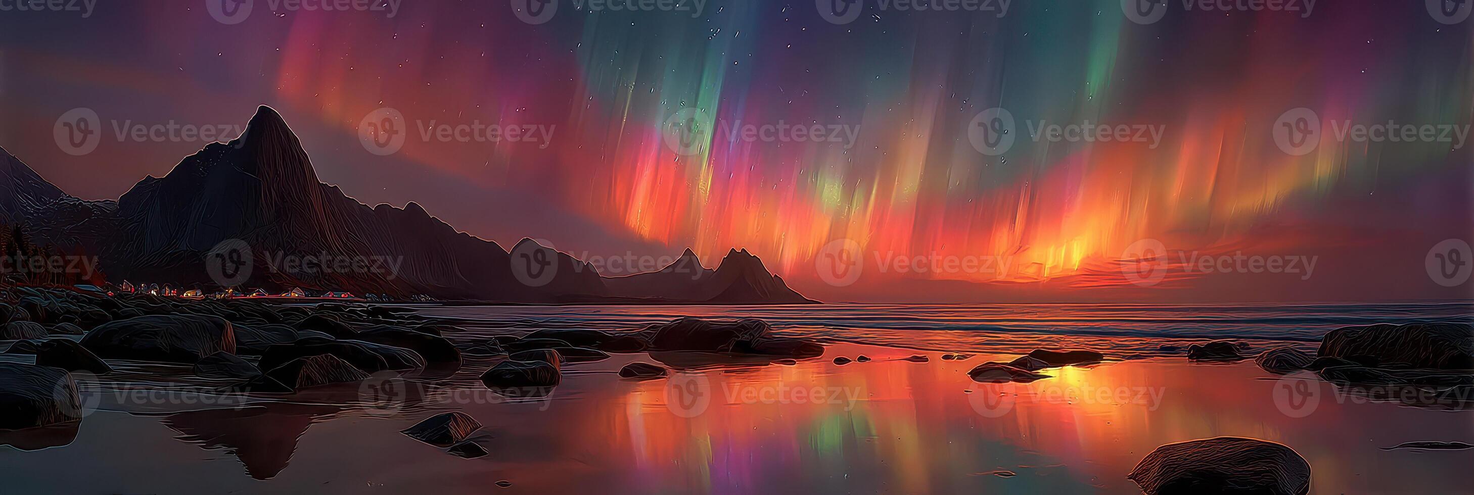 Vibrant northern lights illuminate a tranquil beach at dusk near rugged mountains photo