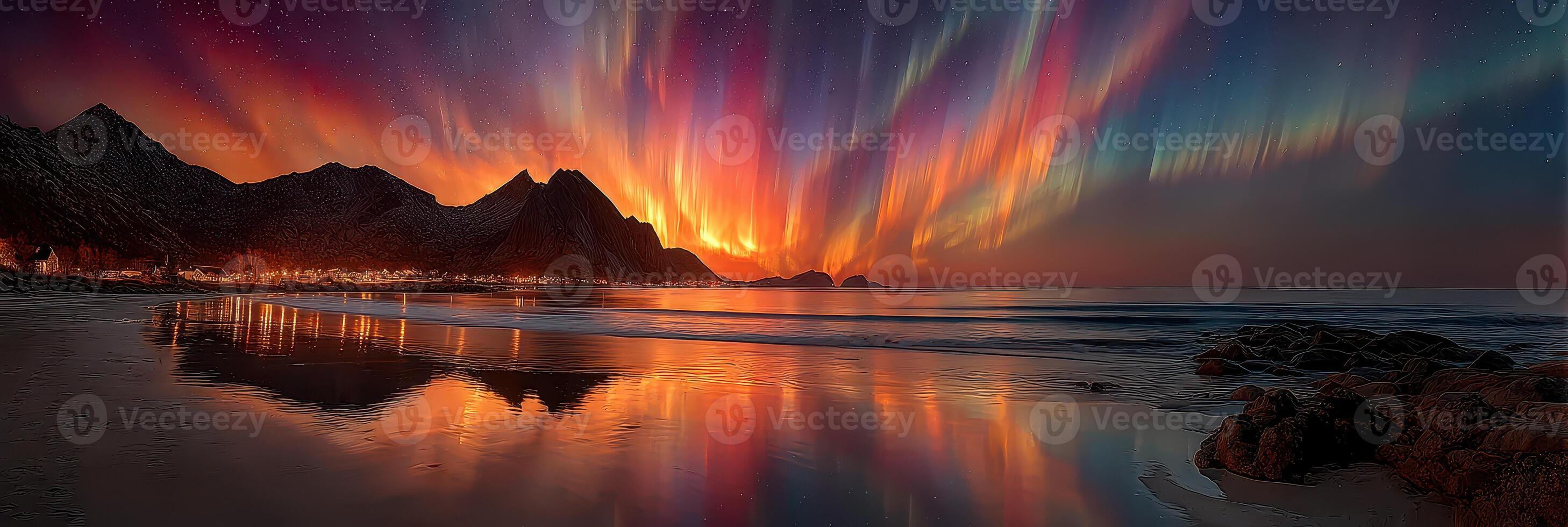 Vibrant aurora illuminates rugged coastline at sunset near tranquil beach in winter photo