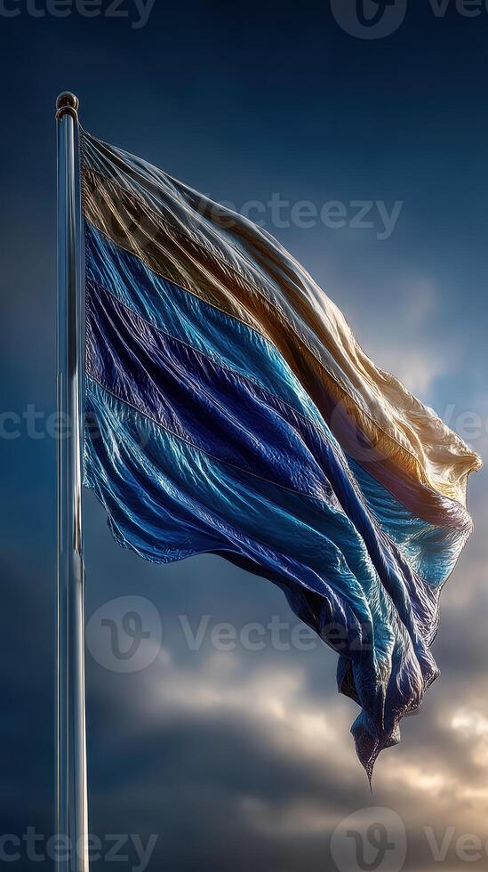 Flag waving proudly against a dramatic sky during sunset in a serene outdoor setting photo