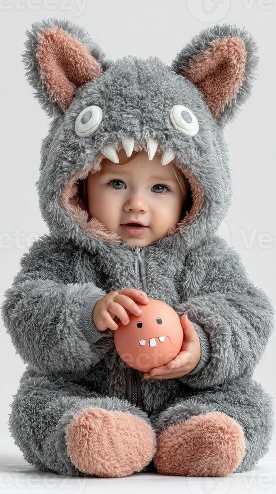 Cute baby in fuzzy gray monster costume holding a toy on a plain background during a playful indoor setting photo