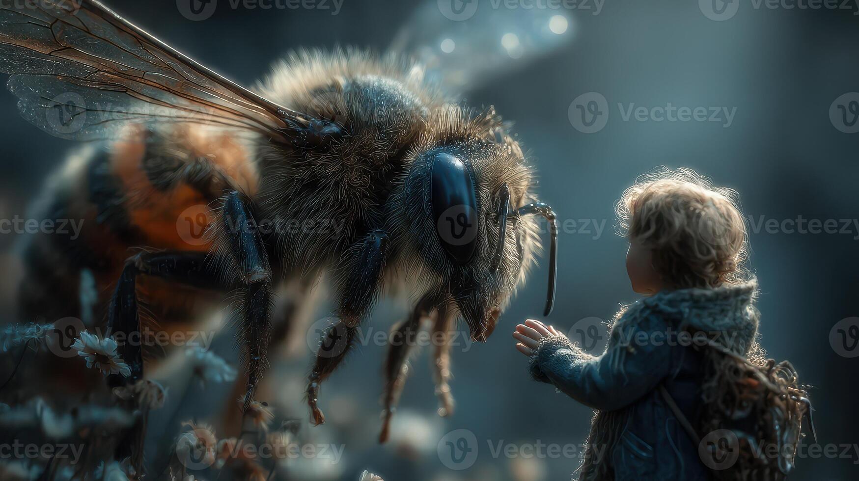 Child interacts with a giant bee in a whimsical, garden setting during late afternoon in a magical realm of nature photo