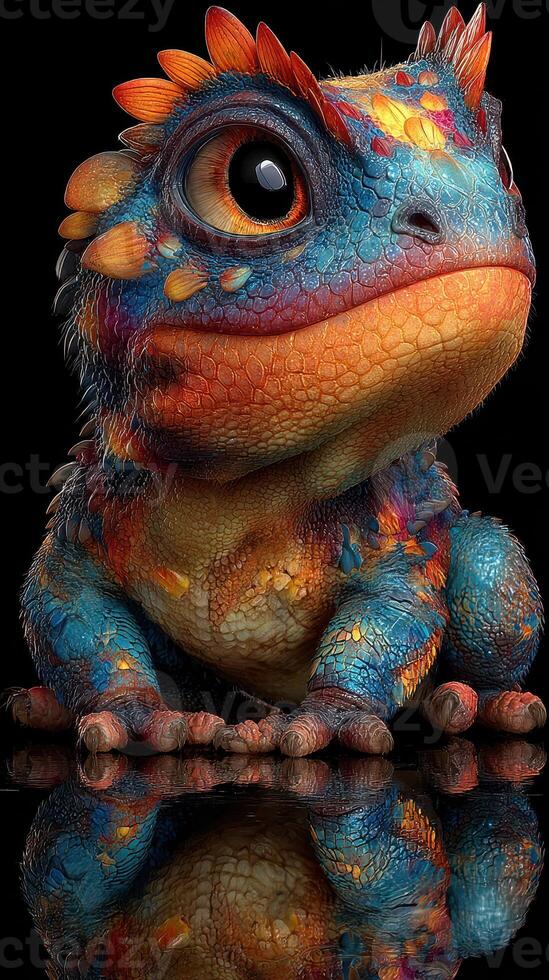Colorful fantasy creature sitting on a reflective surface with vivid scales and large expressive eyes photo