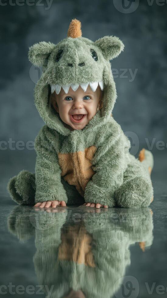 Cute baby dressed in dinosaur costume, smiling joyfully indoors on a glossy floor background photo
