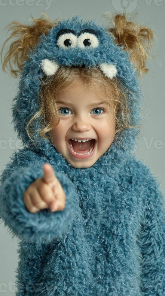 Little child in fluffy blue monster costume smiles and points joyfully photo