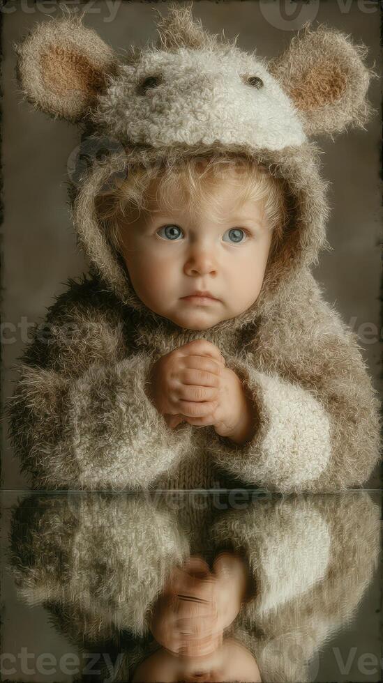 Cute baby dressed in cozy animal costume with fluffy ears sitting quietly during a studio session photo