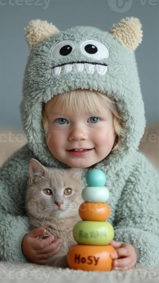 Child in fluffy monster costume holds cat beside colorful stacking toys in a cozy indoor setting photo
