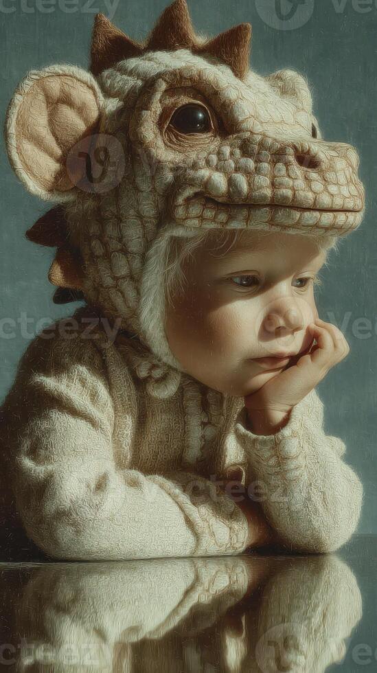 Child in a dragon costume gazes thoughtfully while resting chin on hand against a neutral background photo