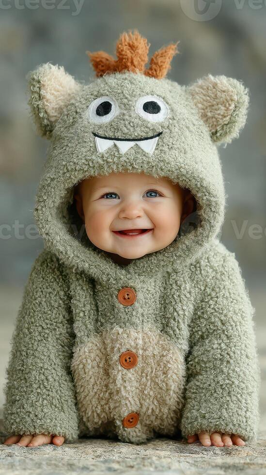 Happy baby wearing fluffy monster costume smiles warmly in cozy indoor setting during bright daylight photo