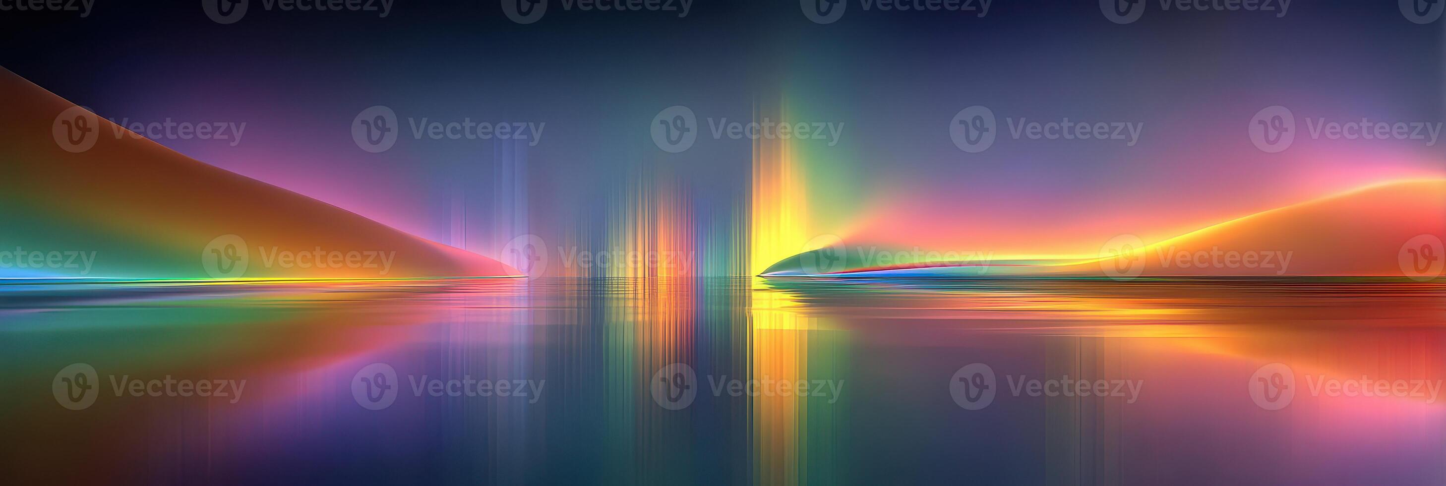 Colorful reflection of lights on tranquil water during twilight, creating a serene and vibrant atmosphere in a surreal landscape photo