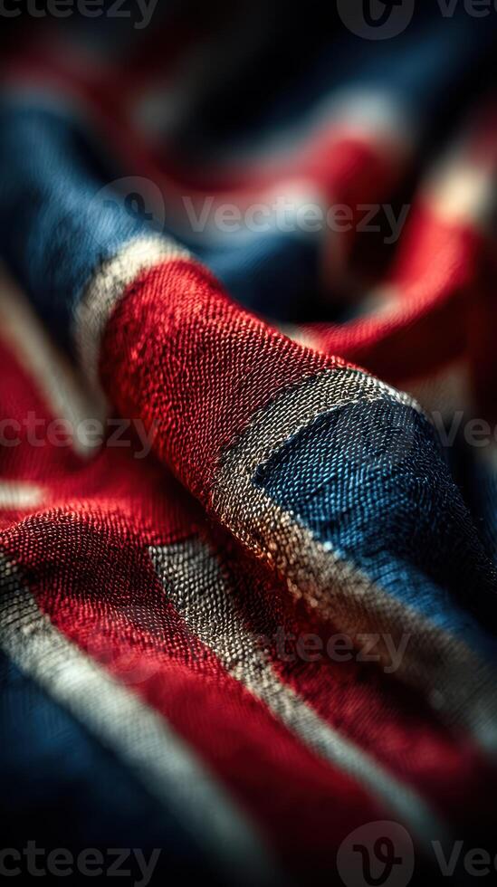 Detailed textile fabric close-up showcasing intricate patterns in red, blue, and silver, emphasizing craftsmanship and design quality photo