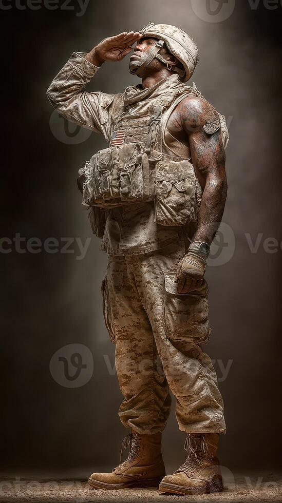 Soldier saluting in full military gear during a ceremonial event while surrounded by dramatic lighting photo